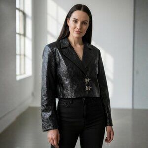 BADEE ✦ Faded ECO Vegan Leather Crop Jacket ✦ OS Black Croc Texture Oversized